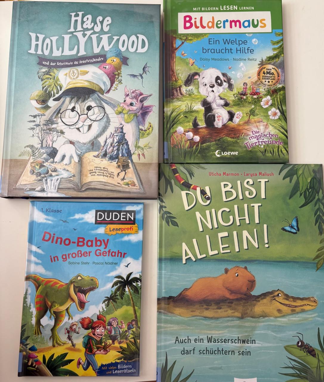 Covers von neuen Büchern auf einer Fläche liegend fotografiert. Titel: Hase Hollywood, Bildermaus, Du bist nicht allein ...